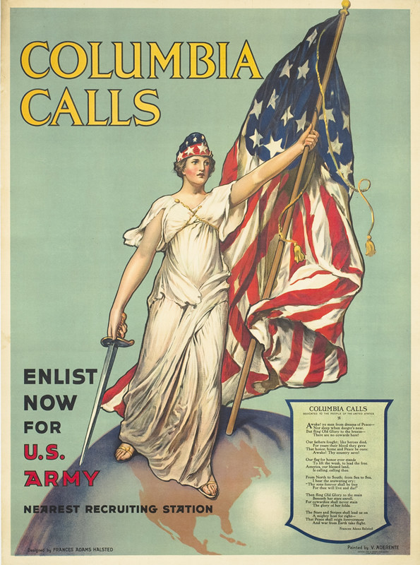 Columbia, sword and flag in her hands, stands on the globe and calls for recruits; blue, red, white, yellow