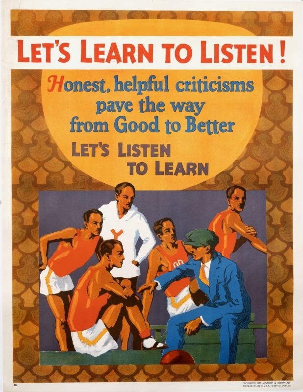 Athletes gather around coach; orange, yellow, blue