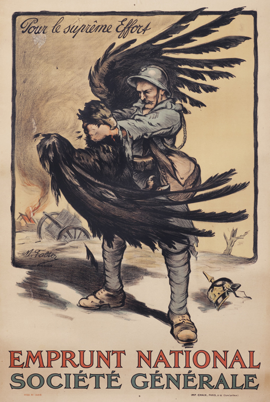 Soldier wrestling with eagle on battlefield;  beige, blue, black