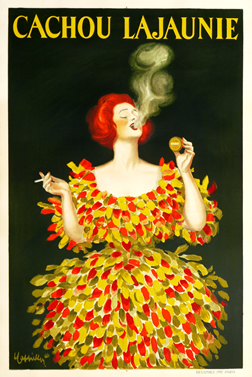 Woman in feathered dress smokes cigarette and holds tin of mints; yellow, red, black