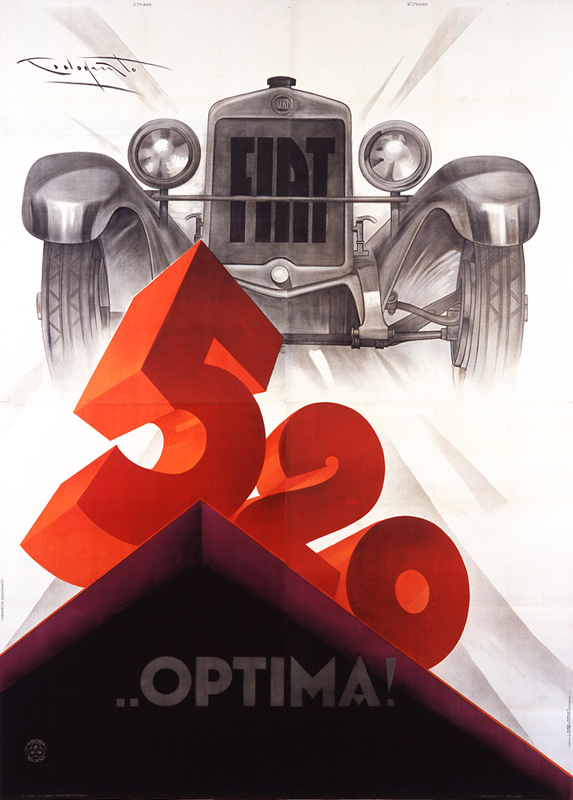 Stylized 520 in front of the grill of a Fiat; orange, black, white, gray