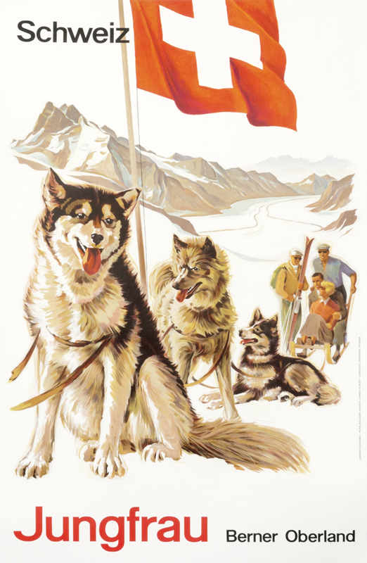 Sled huskies, Swiss flag, skiers on mountain; red, white, brown