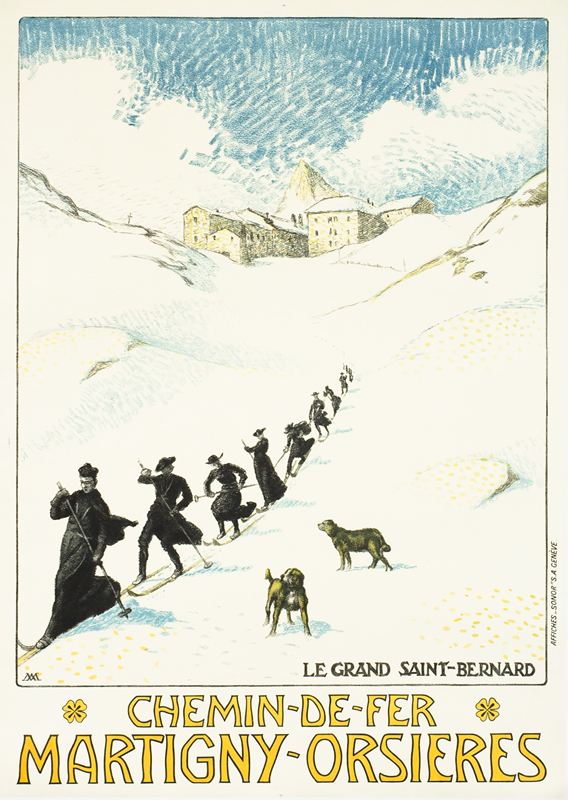 Benedictine monks ski down slope with dogs watching; white, black, blue