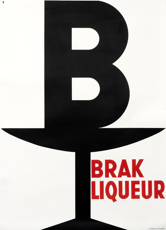 Large letter B on top of Martini glass; red, white, black