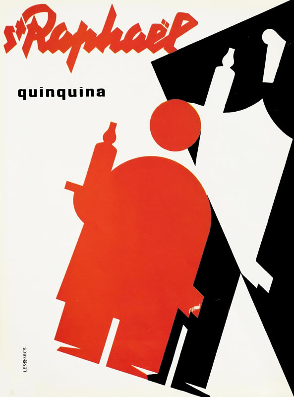 Two waiters hold trays, one short, one tall; red, black, white