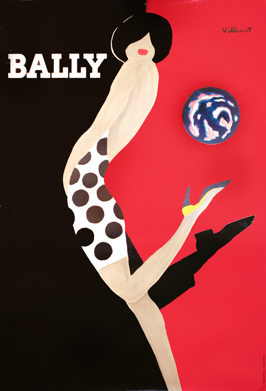 Woman dances with a man in shadow with globe behind; red, black, white