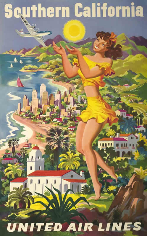 Woman in bikini holds up sun, walks towards ocean; brown, peach, yellow, green, blue