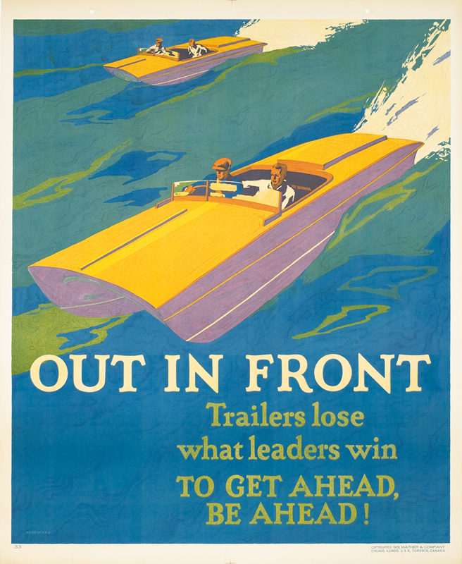 Two speed boats race towards text; blue, orange, purple