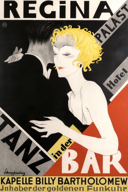Stylish couple dances among typography; red, black, white, yellow