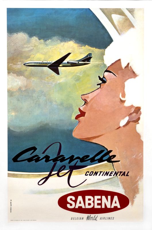 Woman gazes out window at a passing Caravelle jet; blue, white, red