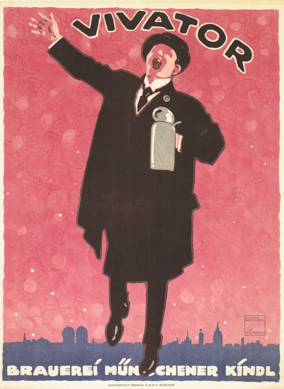 Stylish man sings, swinging beer stein with cityscape behind; pink, black, purple