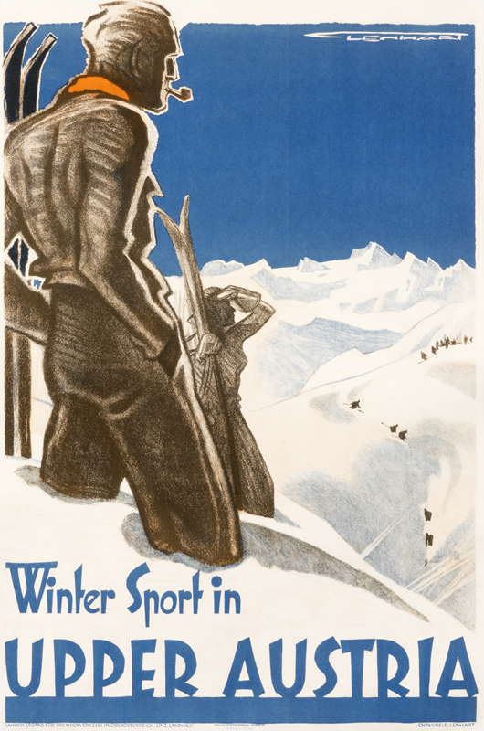 Man with pipe looks down at other skiers on the mountain; brown, white, blue