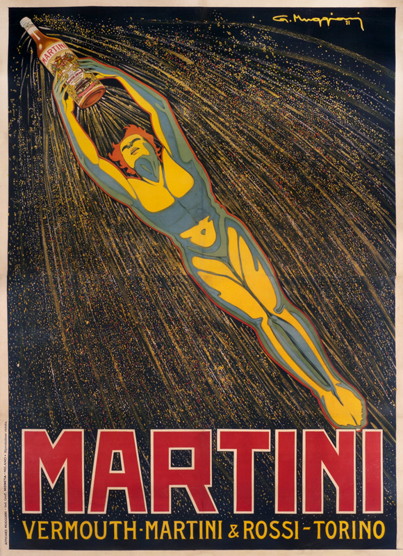 Naked man zooms though air holding a bottle overhead; red, yellow, black