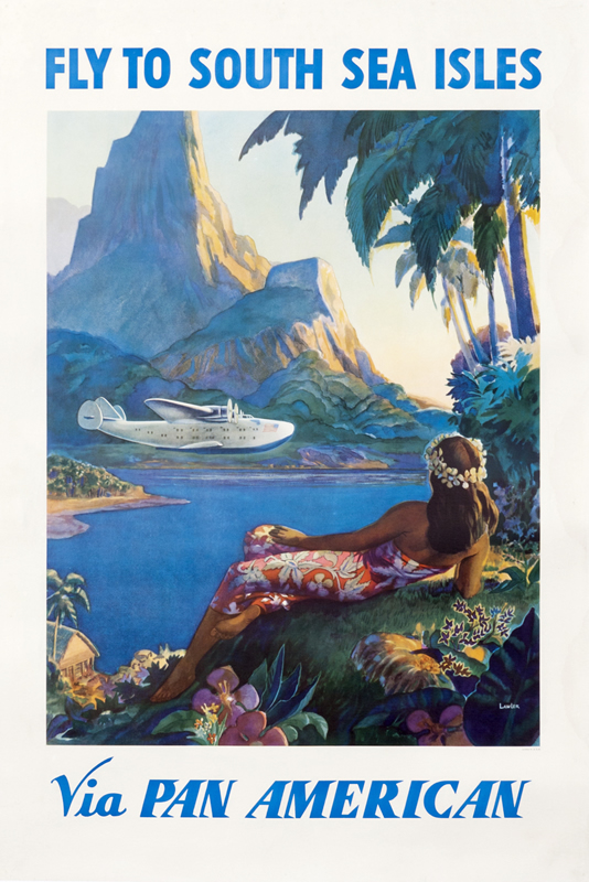 Boeing Clipper flies low over island with young woman in foreground; blue, red