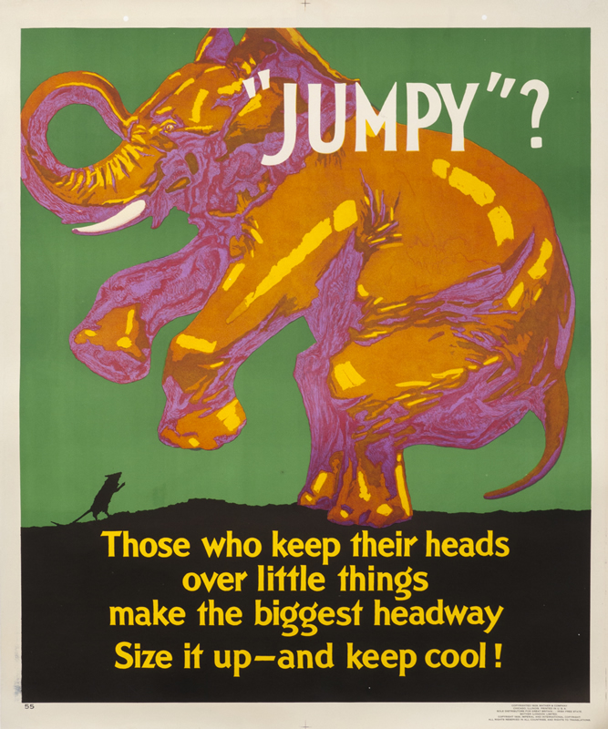 Small mouse frightens a large elephant; green, orange, purple, yellow