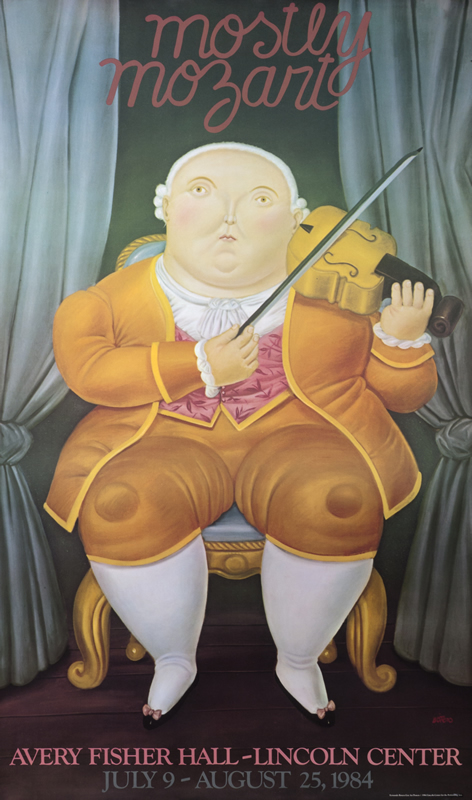 Mozart plays violin; yellow, orange, brown
