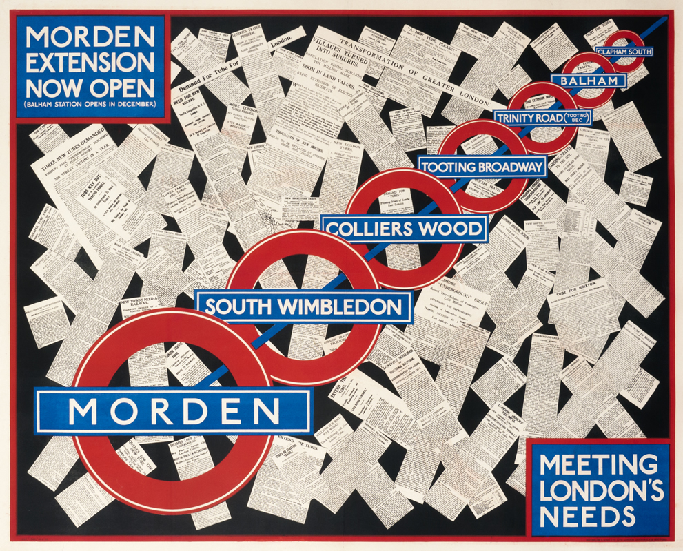 Underground logos with collage of newspaper clippings; red, black, blue