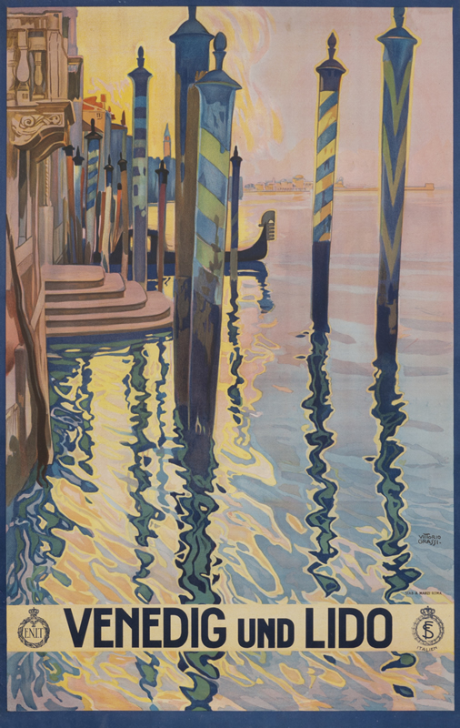 Gondola and gondola ties in Grand Canal; blue, pink yellow