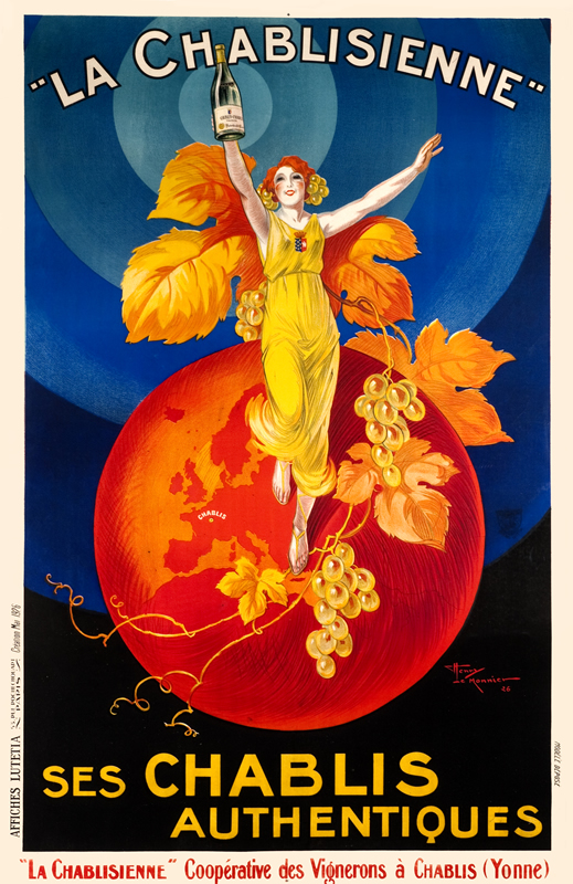 Woman stands on globe among grapes and hoists bottle; red, orange, yellow, blue
