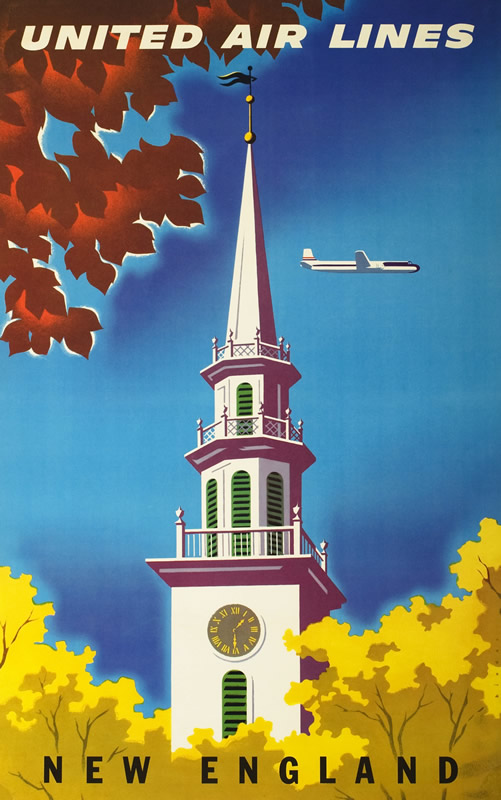 Church steeple against autumn foliage, sky, with airplane above; blue, brown, yellow, white