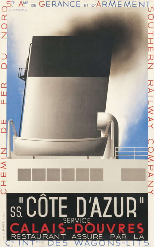 profile of ocean liner steam stack; red, white, blue, black