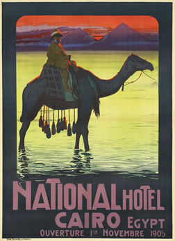 Man wades camel across Nile with Great Pyramids behind; green, purple, pink, blue