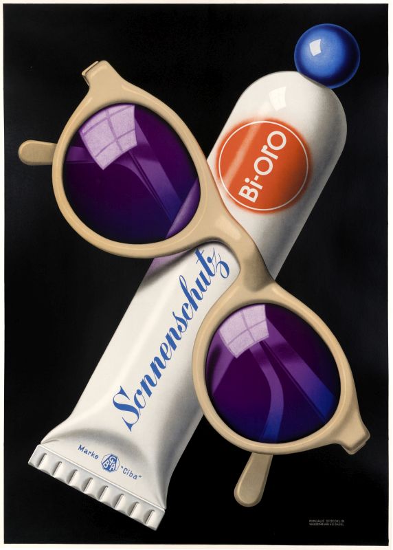 Close-up view of sunglasses and sun tan lotion tube; blue, white, purple, tan