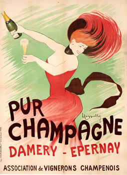 Woman in feathered hat joyfully pours champagne; pink, green, white