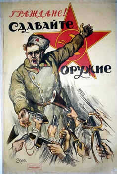 Soldier gestures towards citizens presenting guns; red, grey