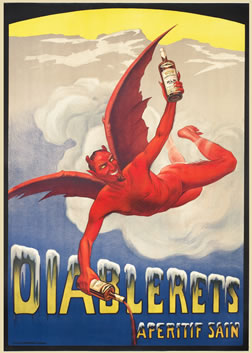 Flying grinning devil pours bottle of Diablerets; red, yellow, blue
