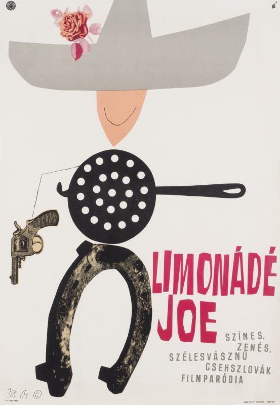 Man with cowboy hat, frying pan body and horseshoe legs with gun; gray, pink, black, red