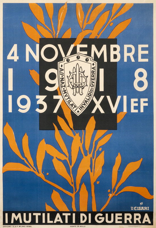 Shield with branches and text; orange, blue, black