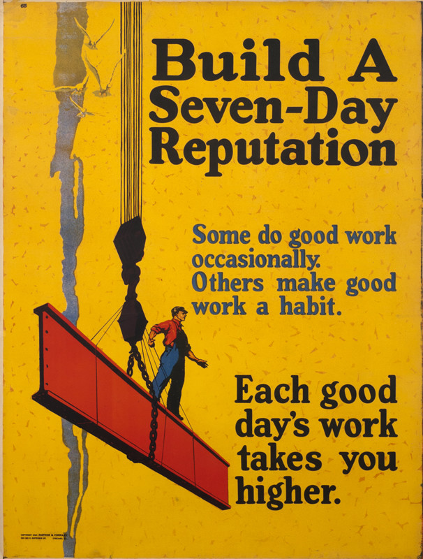 Man standing on descending on a steel beam looking down skyscraper
; yellow, blue, red