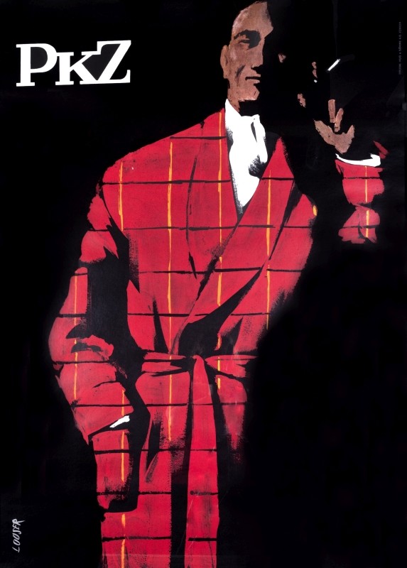 Man in robe holds a cigarette; red, black, white