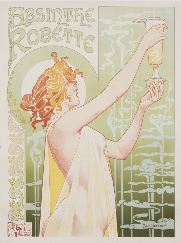Fairy-like woman in diaphanous robe admires glass of absinthe; green, yellow, gold
