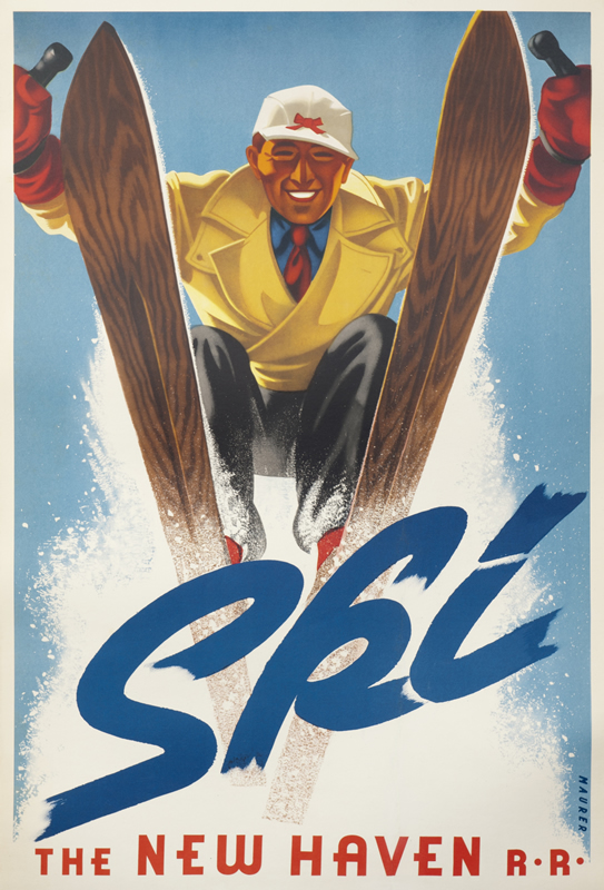 Nattily clad Deco skier zooms out toward viewer; blue, red, brown, yellow