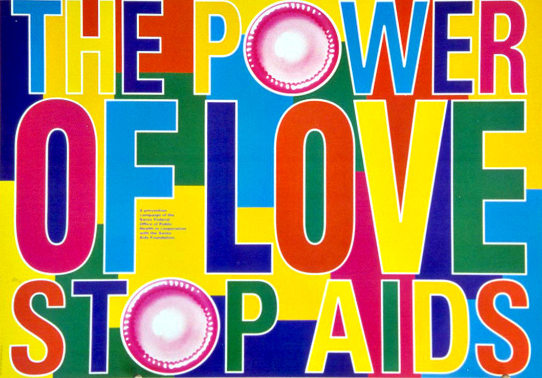 Psychedelic colored poster with condoms as 'O's;  yellow, pink, red, blue, green