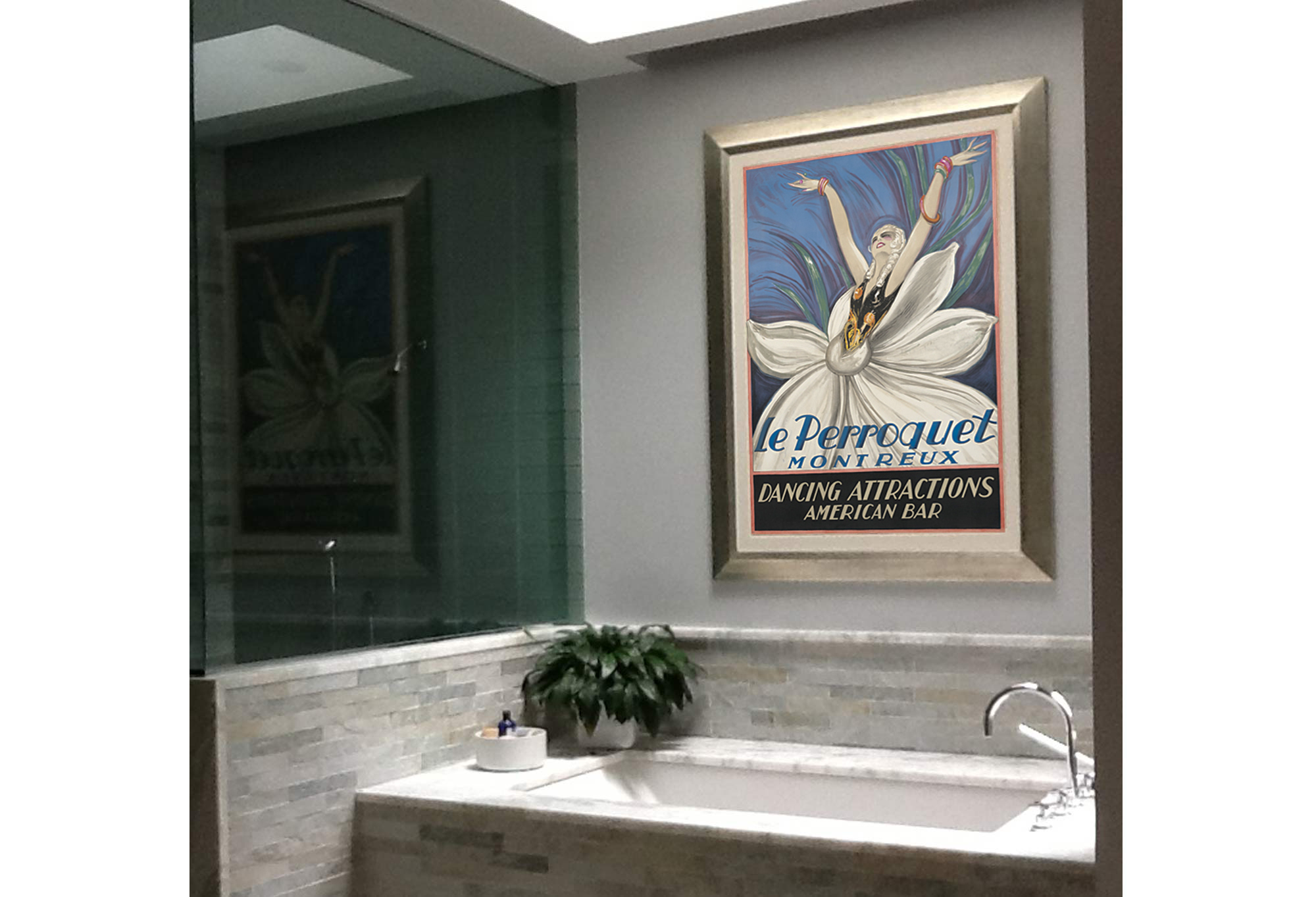 framed poster of woman with flower petal skirt and arms raised above stone sink; blue, gray, white, pink