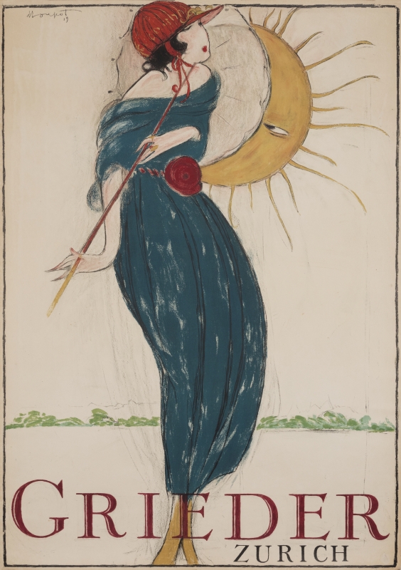 Woman with parasol is admired by the sun; blue, red, yellow, white