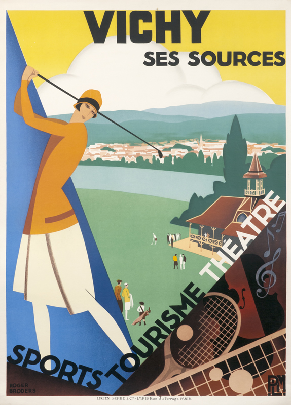 Golfer with river scene and club with tennis racket; yellow, blue, orange, green