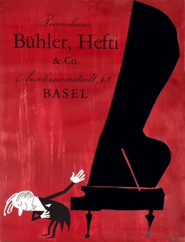 Pianist taking a bow in front of a grand piano; burgundy, black, white