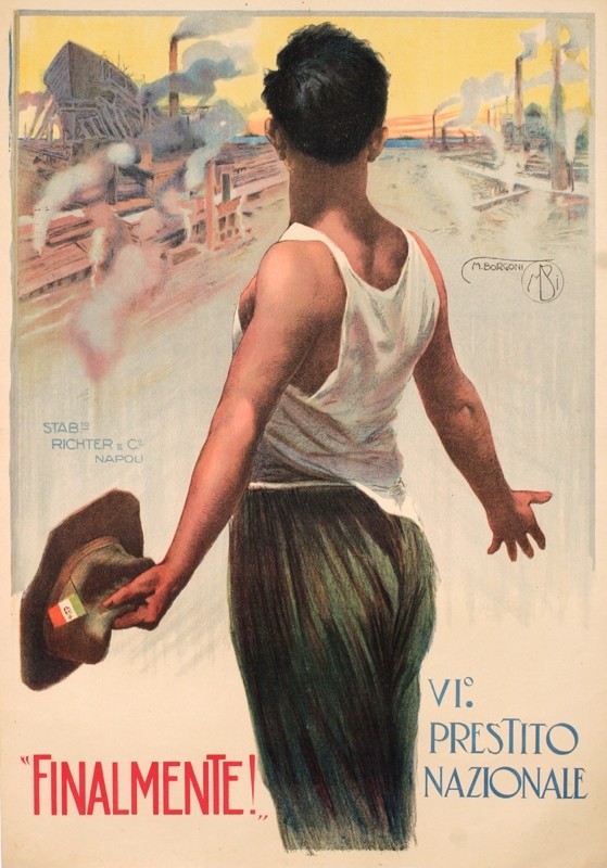 Man with hat beholds ship rising at the dock; grey, brown, red, yellow