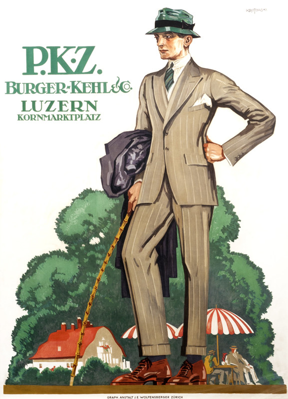 Germanic-looking man in fine pinstriped suit, hat, tie, carrying cane, trees, building behind; green, gray, red