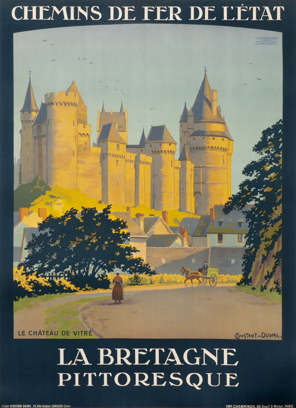 View of Chateau/ Castle of Vitre; brown, blue, green