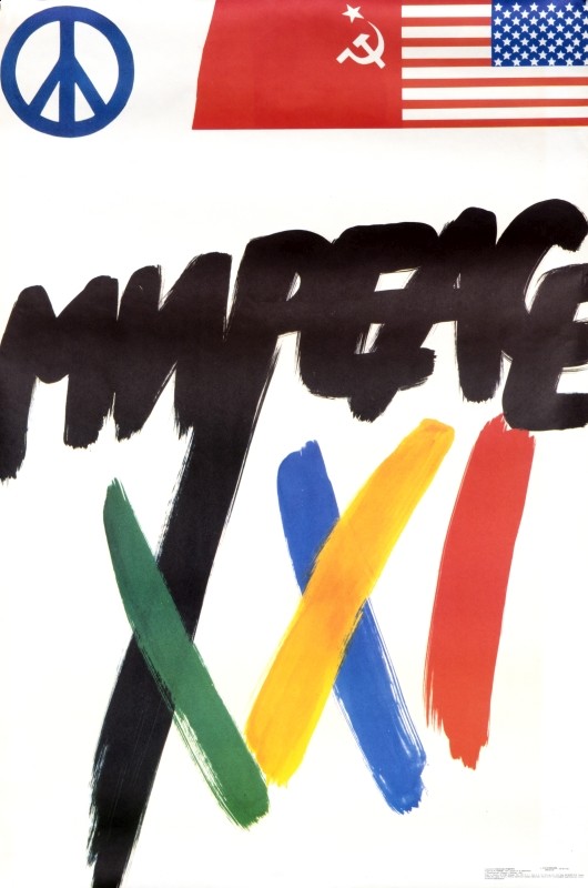 Text with flags of US and Soviet Union with Peace symbol; blue, red, yellow, green, black