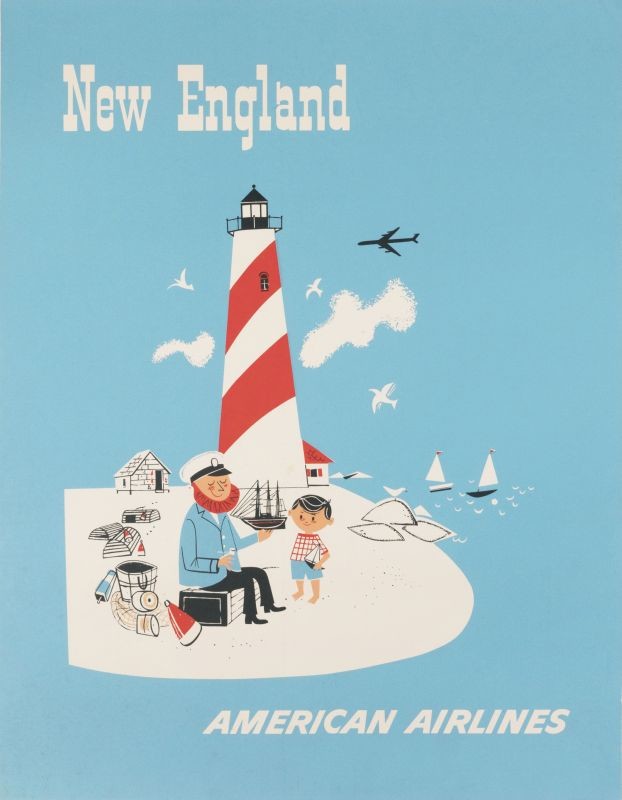 A sea captain and young boy holding toy ships in front of lighthouse; blue, red, white