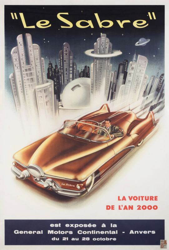 Modernistic convertible car drives down futuristic city highway; blue, gold, red