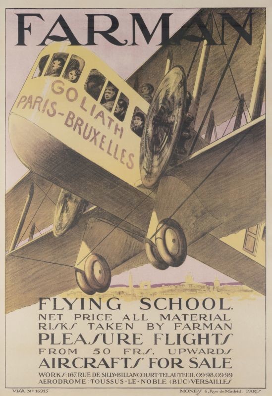close-up of Farman Goliath airplane with passengers; yellow, black, purple