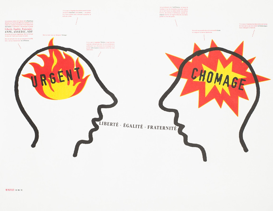 Two talking heads; black, red, orange