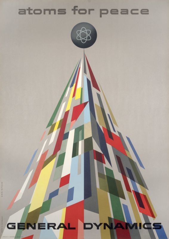 Atom atop multicolored abstract tower of flags; gray, red, black, yellow